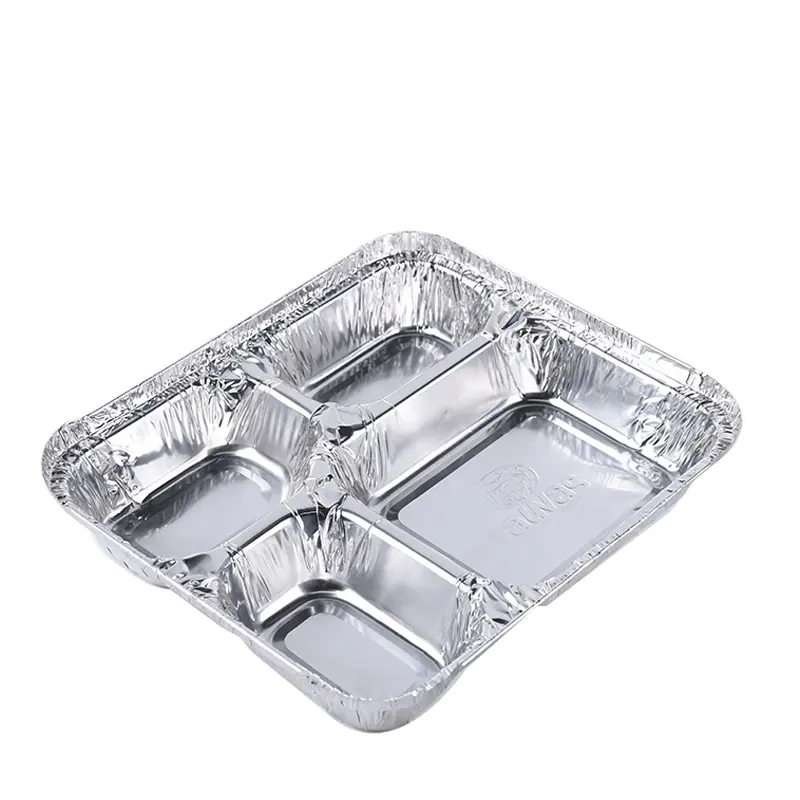 Disposable Lunch Box 4 Compartment Aluminum Foil Meal Tray With Lid Partition Foil Container