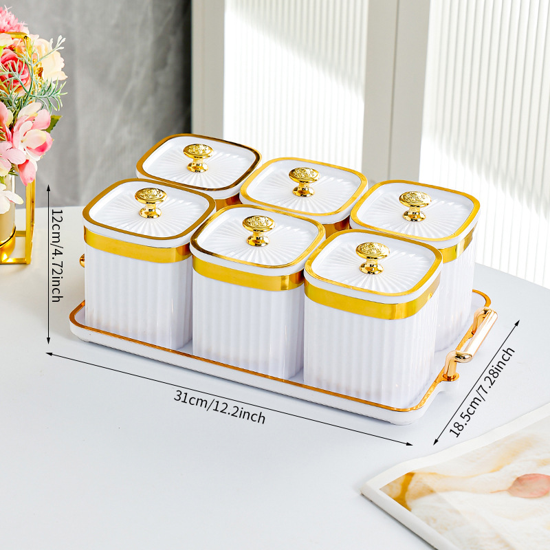 Porcelain White Square Jar with 6 Compartments - T-shaped Gold Handle