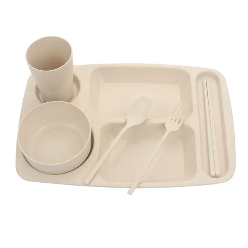 बहु-रंग 6 टुकड़े/सेट खाने की थाली कटोरा कप और tableware सेट biodegradable गेहूं के भूसे के साथ बच्चों के प्लेट चमचों इत्यादि का सेट सेट
