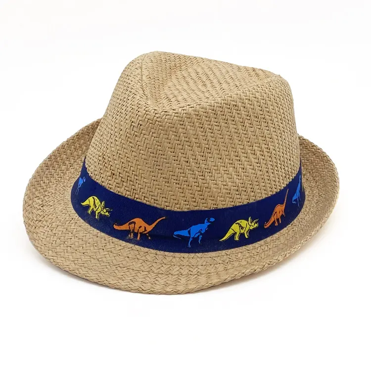 Sombreros de paja de papel para niños, visera tejida personalizada con banda bordada de dinosaurio para playa, venta al por mayor, Verano