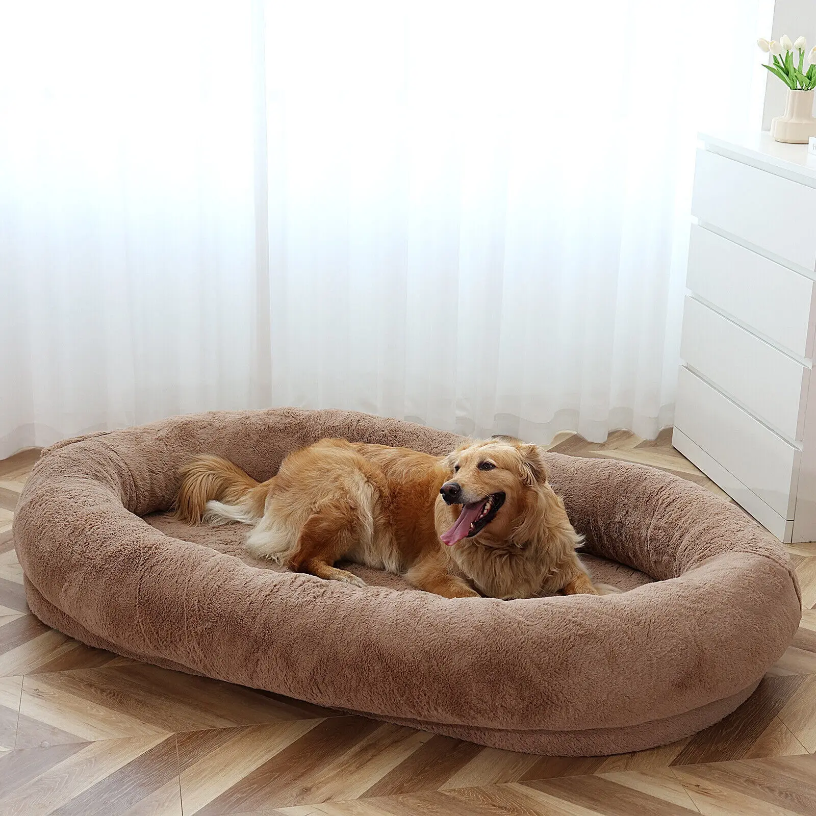 เตียงนอนสุนัขสไตล์สุนัขสำหรับมนุษย์ที่นอนสัตว์เลี้ยงแบบซักได้อบอุ่นในฤดูหนาวขนาดใหญ่