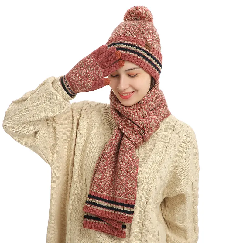 New Designs Three-piece Women Warm Winter Beanie Scarf Mitten Print Beanie Scarves Set