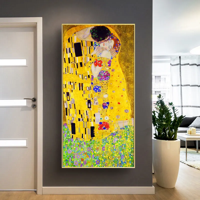 Pintura al óleo abstracta del famoso artista Gustav Klimt kiss, póster impreso en lienzo, imágenes de pared artísticas para decoración de Cuadros de sala de estar