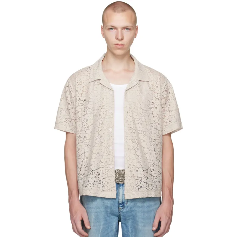 Yeni karışımlı pirinç beyaz gömlek kısa kollu dantel gömlek erkek üst OEM özel lüks yaz rahat örme üst yetişkin için