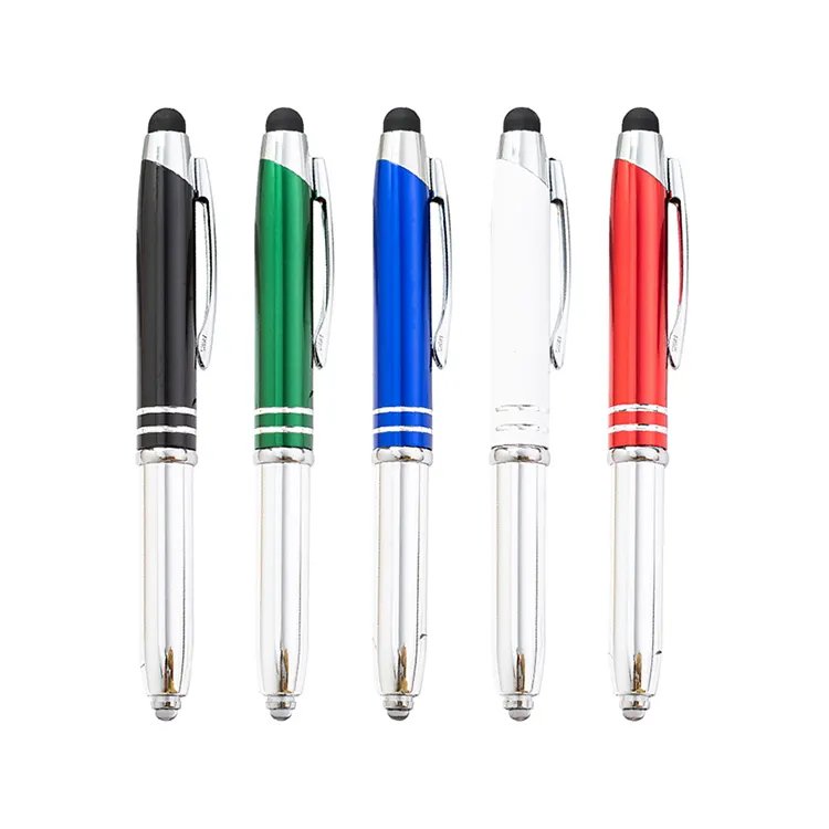 Jh caneta stylus de metal 3 em 1, pequena, de metal, multifuncional, led, com logotipo gravado