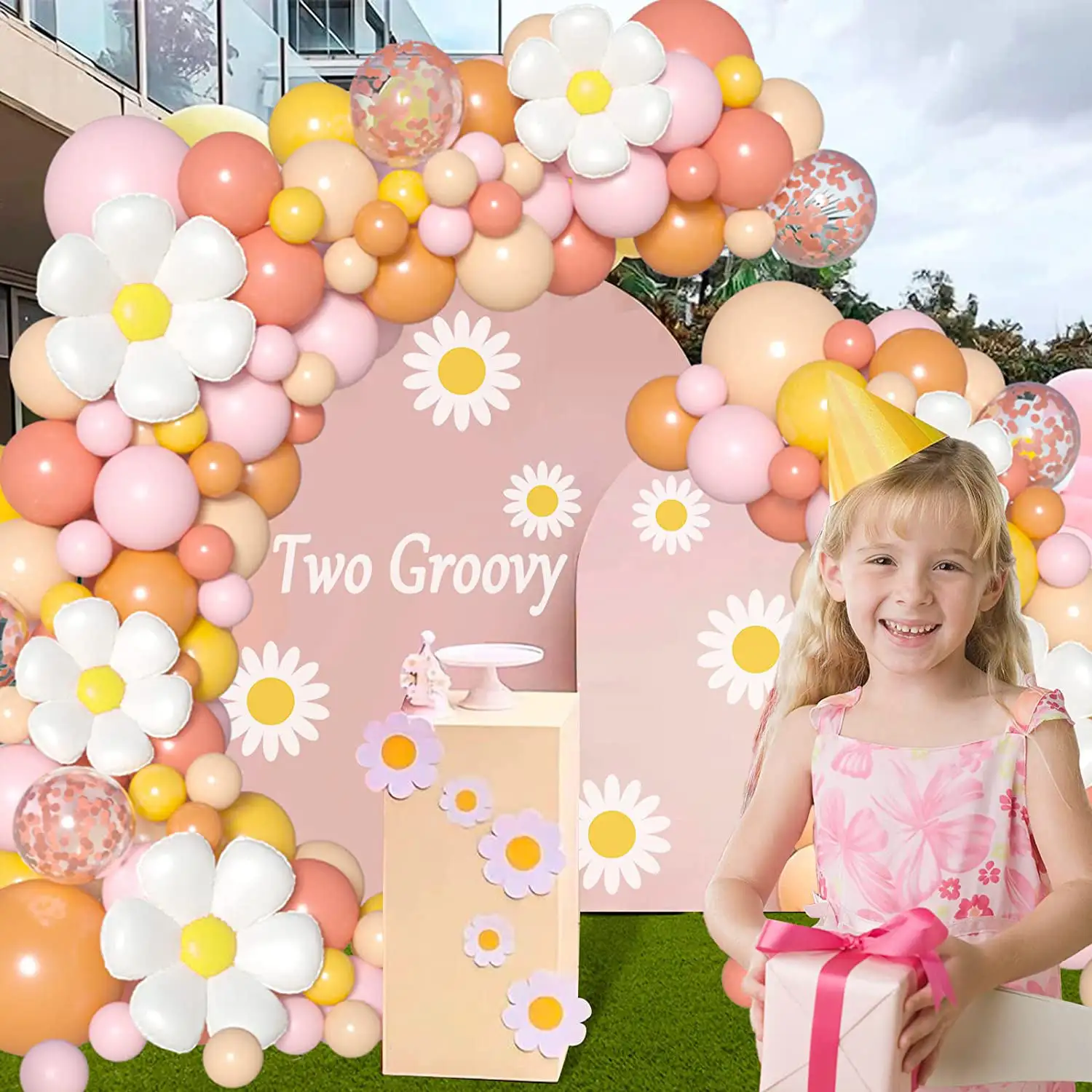 Kit de arco de guirnalda de globos de flores de margaritas con globos de confeti de oro rosa para cumpleaños Baby Shower decoraciones para fiesta de boda