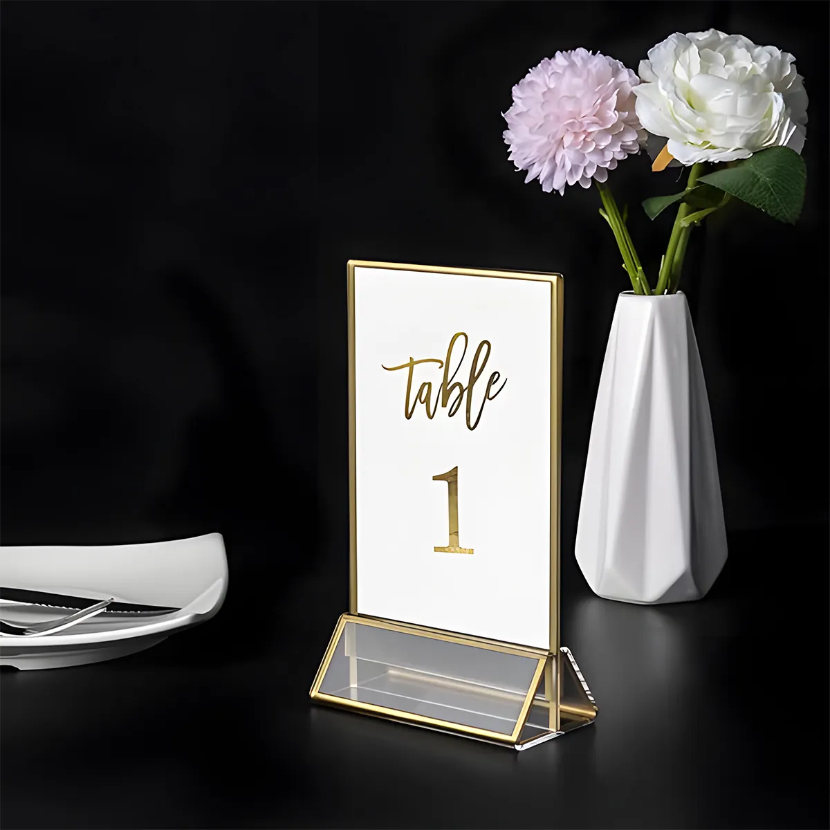 Soporte de letrero acrílico con números de mesa de boda transparente de 4*7 pulgadas con soporte marco dorado tarjetas de lugar de nombre Rectangular para Banquete de fiesta