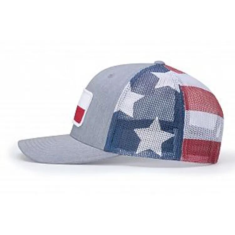 Parche personalizado de 6 paneles, gorra de camionero de malla con bandera de EE. UU., color gris, liso, para camión