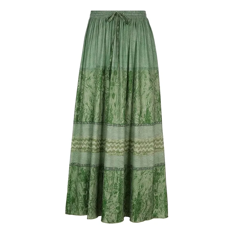 Rapcopter y2k Printed Green Long Skirts Retro Bust Lace Up Pleated Skirts Grunge Fairycore Boho Beach Holiday Skirt Women Chic