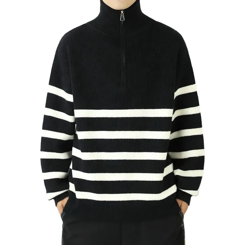 Sweater Manufacturing Company in China Autumn/Winter Stand up Neck Half Zipper Stripe Loose Sweater Warm Knitted Sweater men