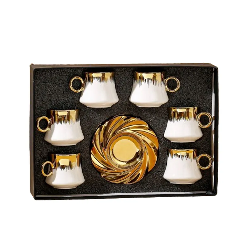 Juego de tazas de café de cerámica de lujo chapado en oro árabe de nuevo estilo, caja de regalo, 6 uds., juego de taza y platillo de té turco Vintage