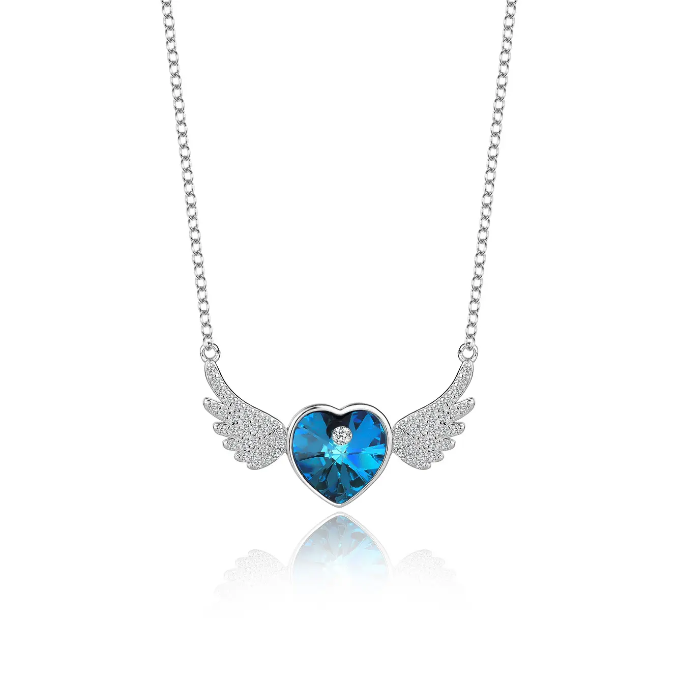 Hochwertiger feiner Schmuck Sterling Silber Österreich Kristall Herzförmige Liebe Engel Flügel Halskette