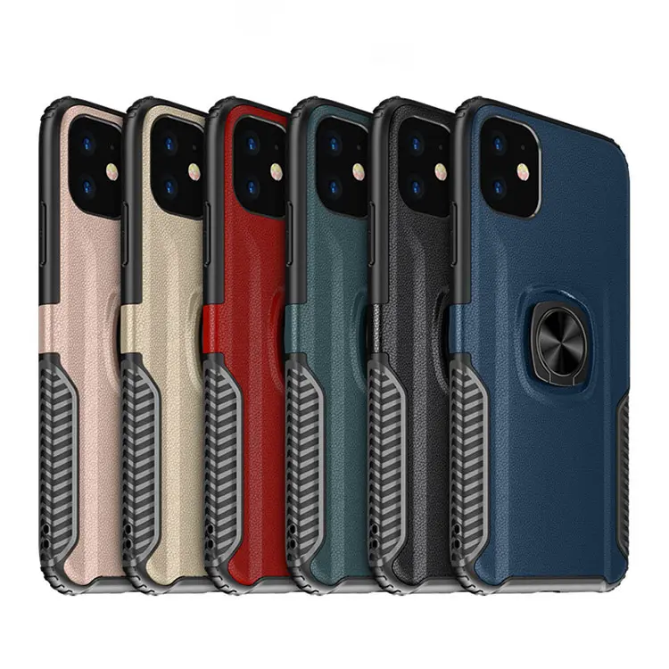 Casing ponsel perlindungan penuh, casing ponsel Armor kulit leci, standar, cincin penopang, casing untuk iPhone 15 Pro Max, casing Armor untuk iPhone 15 14 13 Pro Max