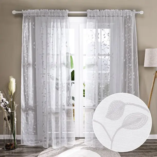 Cortinas transparentes bordadas para ventana, Juego de 2 cortinas con estampado de hojas florales para dormitorio