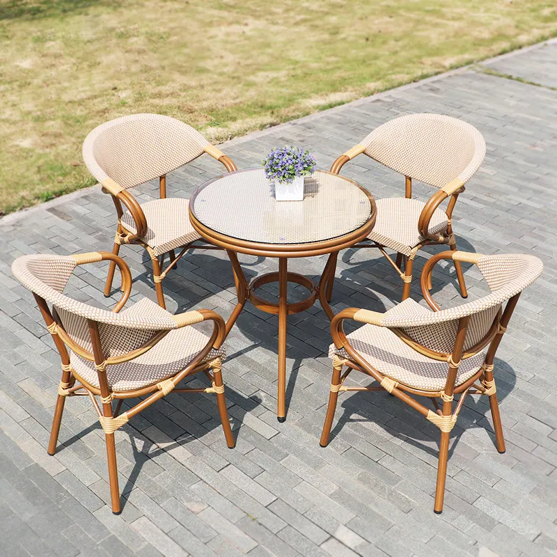 Best Price Outdoor Restaurant Mesh Cafe Aluminum Dining Table and Chairs Sets Stackable French Bistro Patio Garden Chairs