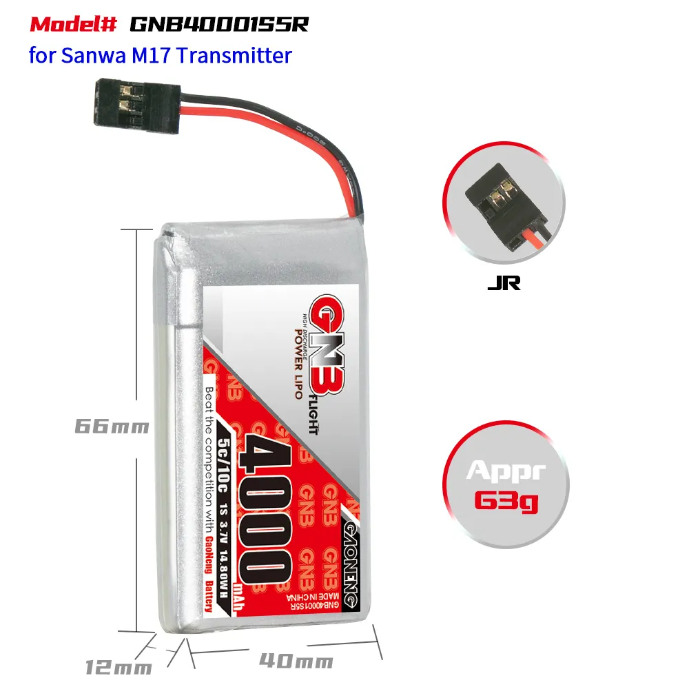 GAONENG GNB 4000mah 1S 5C 10C 3.7V JR 커넥터 RC LiPo 배터리 Sanwa M17 송신기 수신기