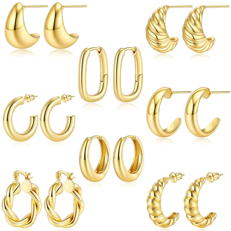 Gold Hoop Earrings Set 6 Pairs 14K Gold Plated Lightweight Hypoallergenic Chunky Open Hoops for Women