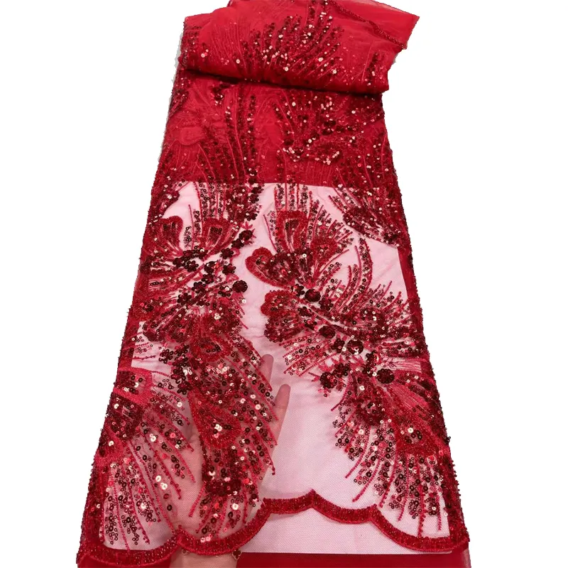 Laço vermelho frisado bordado noiva, laço de noiva tecidos bordado à mão rede de tecido