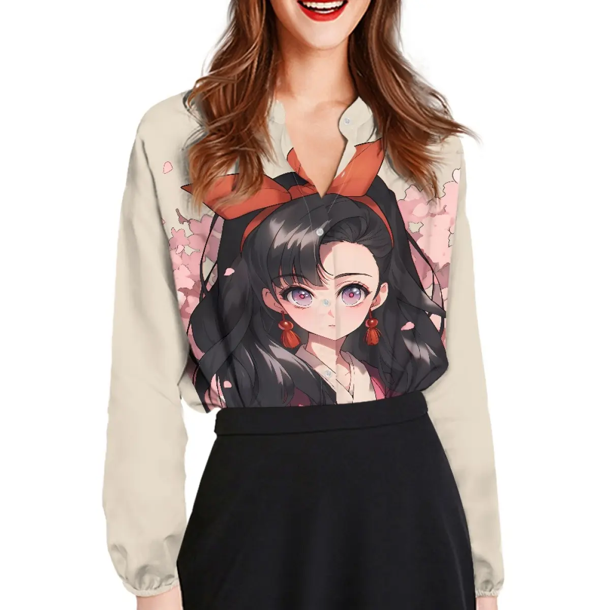 Hot Sale Unique Print Schöne Anime Muster Frauen Langarm Shirts Loose Formal Button Shirt Office Lady muss Bluse haben