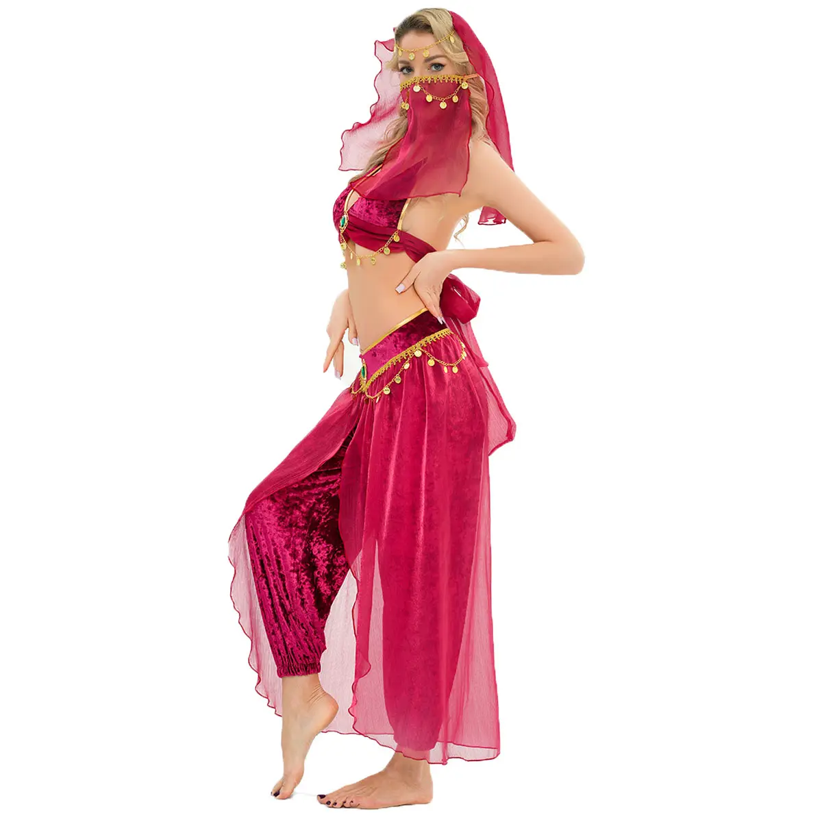 Conjunto completo de disfraces de danza del vientre egipcio de Halloween de Borgoña caliente sexy para mujer