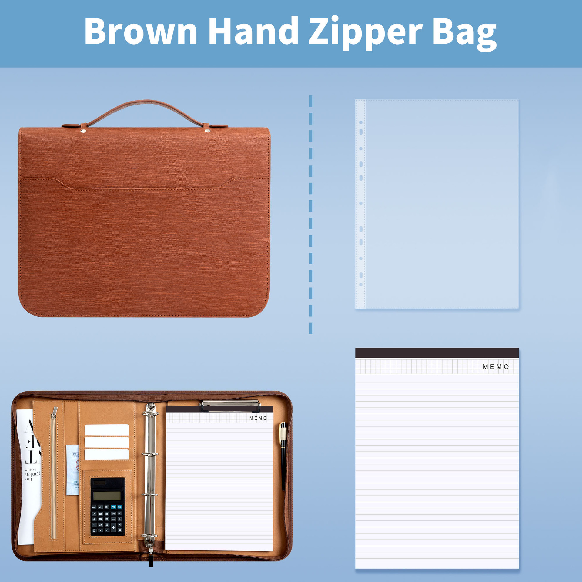 Brown calculator + 40 clear sheets + 25 note paper
