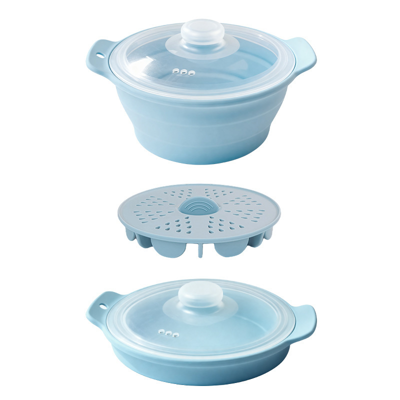Round light-blue steaming rack-foldable steamer