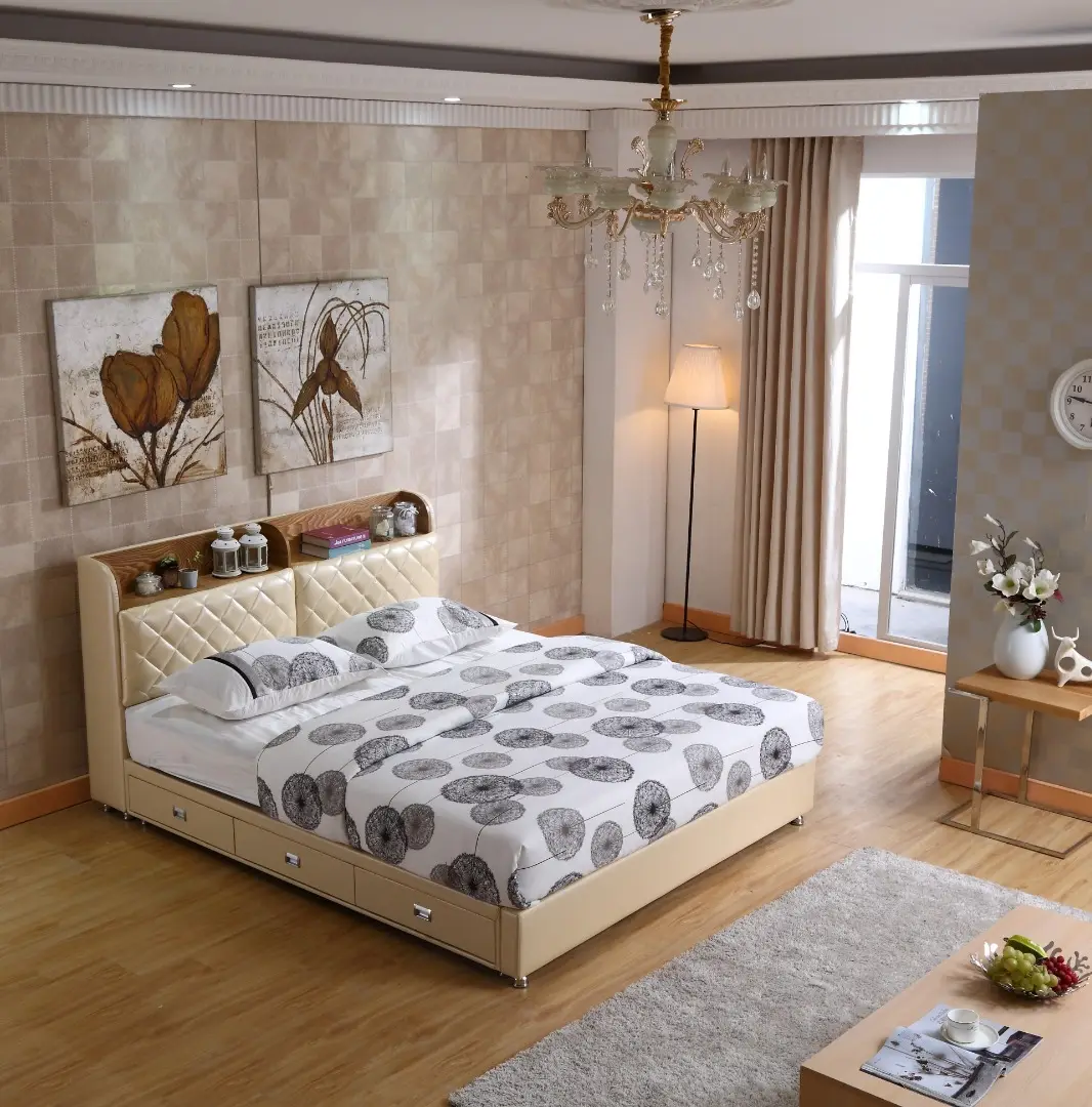 Современный роскошный набор для спальни размера «King-Size» Высококачественная деревянная кровать из натуральной кожи с дубовым каркасом многофункциональная художественная конструкция мягкого домашнего использования