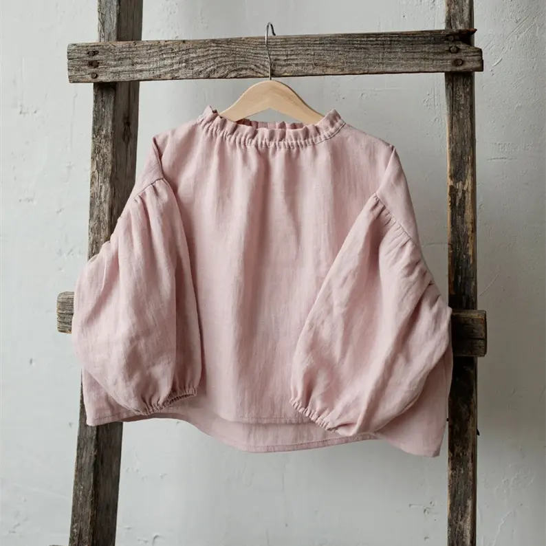 Camicia a tunica con paracadute rosa ricamato a maniche lunghe per ragazze Top 100% di cotone naturale organico abbigliamento per bambini