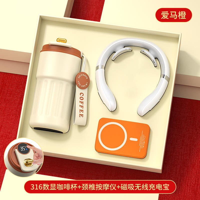 Masseur de cou pour tasse à café avec écran de 316 pouces avec chargement magnétique sans fil - Ensemble de 3 pièces Summer Orange avec coffret cadeau