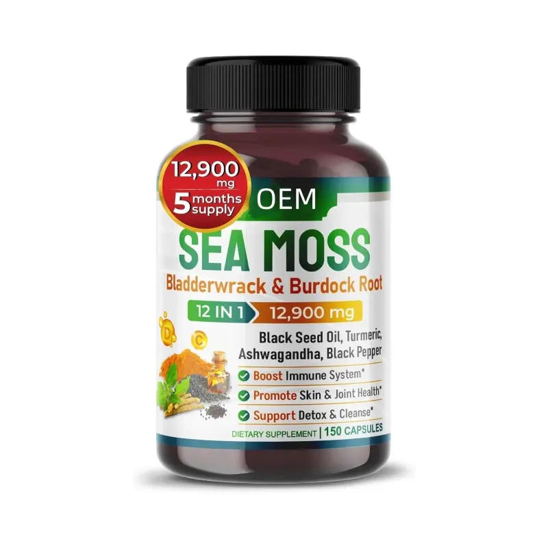 Cápsulas de musgo marino orgánico 12.900 mg con aceite de semilla negra, raíz, Bladderwrack para sistema inmunológico, intestino, piel y E