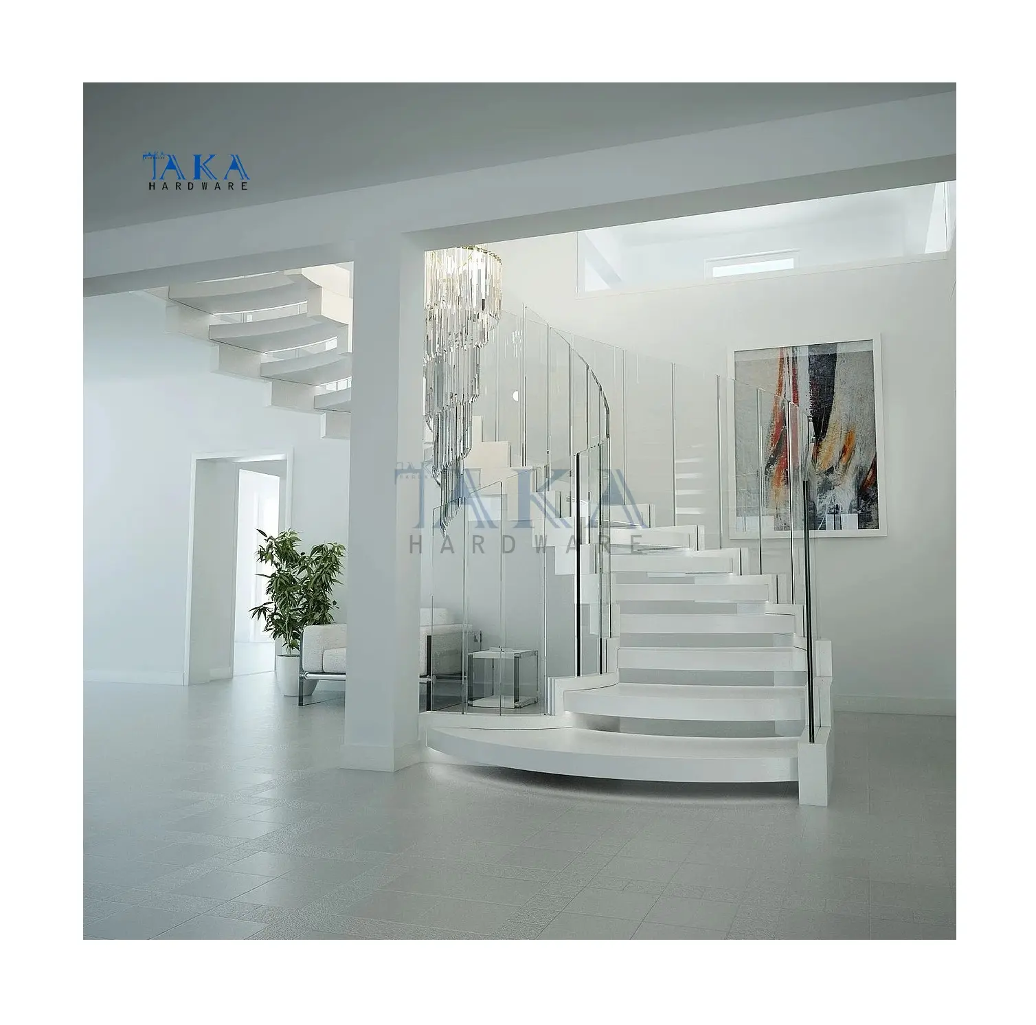 Escalera de madera blanca de estilo elegante con luz Led, diseño curvo flotante para escaleras