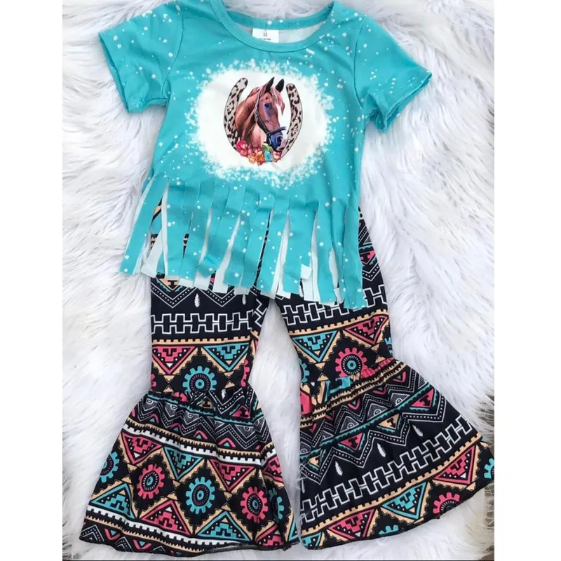 Summer Kids Clothes Blusa Set Atacado Baby Girls Clothing Sets Milk Silk Western Cowboy Cowgirl Clothes for Children set