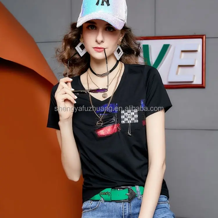 Women's 100% cotton fashion trend white print women's T-shirt wholesale