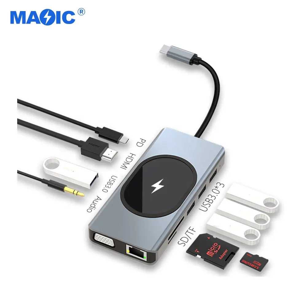 Novo Multi-função 13 em 1 15 em 1 Tipo C Hub para HDMI PD USB SD TF VGA Áudio RJ45 Adaptador Carregador Sem Fio Docking Station