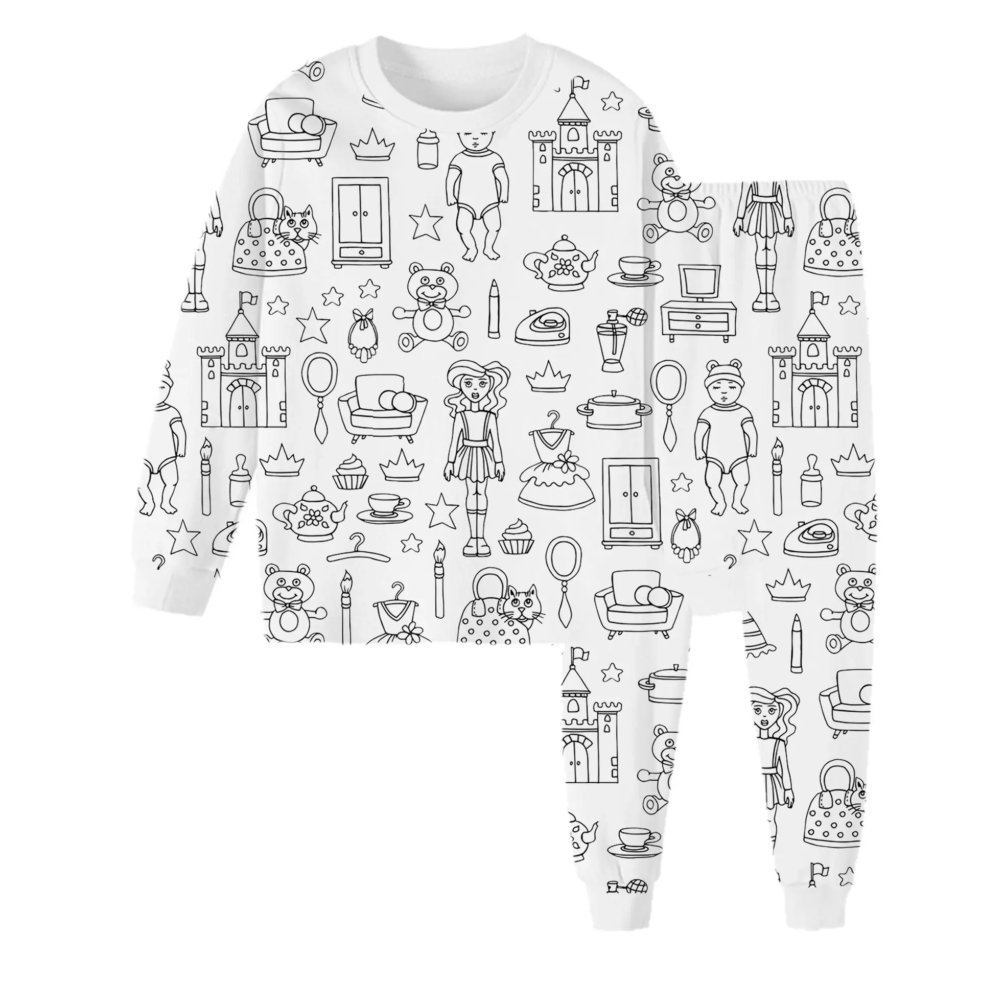 Vente en gros Pyjamas et ensembles de vêtements unisexes pour enfants de 3 à 8 ans Pyjamas à colorier à motif de princesse avec marqueurs pour garçons et filles