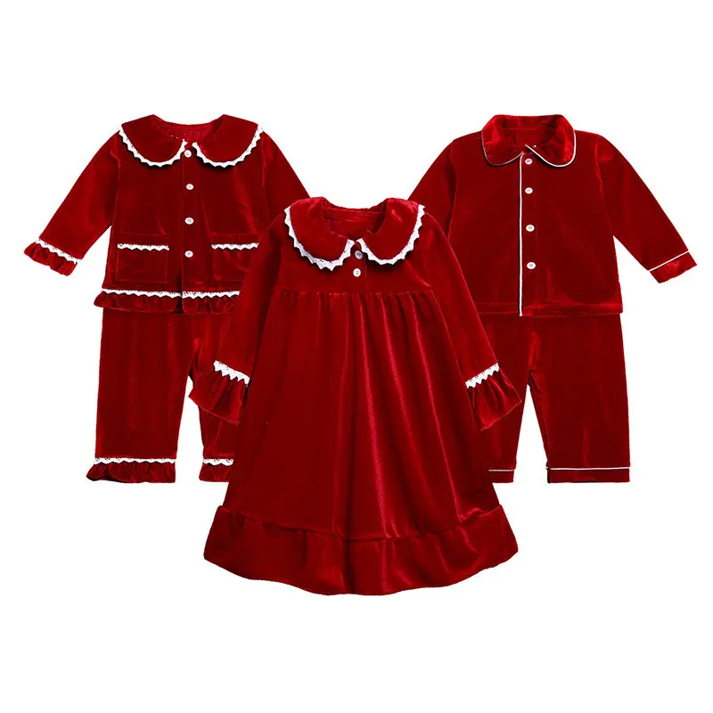 La migliore vendita velvet boy girls sleepwear christmas dress winter button up clothes Match Pjs kids pigiama set con pizzo