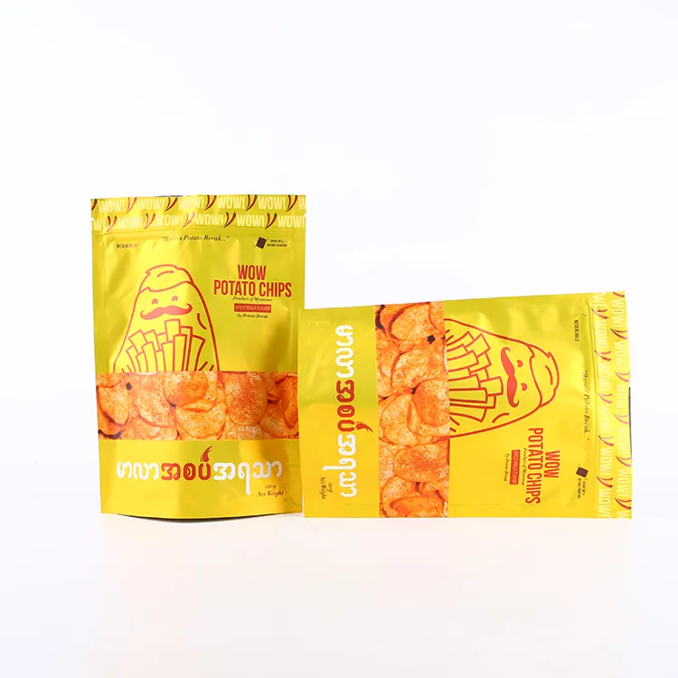 Bolsa de comida de pie impresa personalizada Doypack Snack patatas fritas de plástico bolsas de embalaje de palomitas de maíz para aperitivos