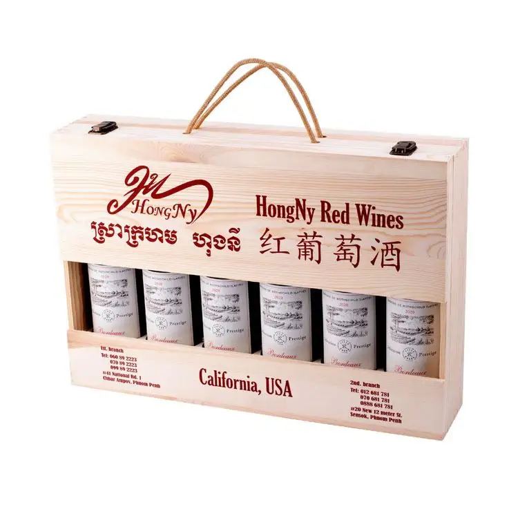 6 botellas de gama alta bajo Moq embalaje de regalo caja de vino de madera para 6 botellas de vino tinto caja de vino de madera con accesorios