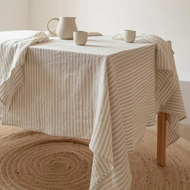 Eco-friendly 100% Linen stripe Tablecloth Square Nature Linen Tablecloth for Restaurant custom size table linens