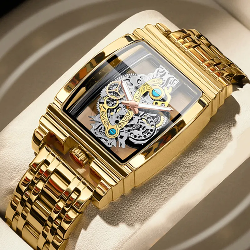 Часы наручные мужские кварцевые, брендовые Роскошные автоматические квадратные золотистые скелетоны с турбийоном