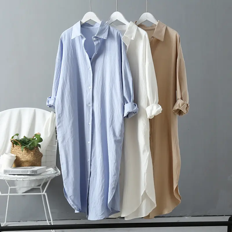 2024 primavera y otoño camisa de longitud media para mujer blusa suelta de algodón y lino Vestido camisero