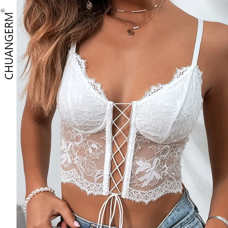 CHUANGERM OEM in Sexy bianco e nero prospettiva con lacci imbottito corsetto scollo a V scollatura a schiena bassa senza schienale per donne Mature canotta