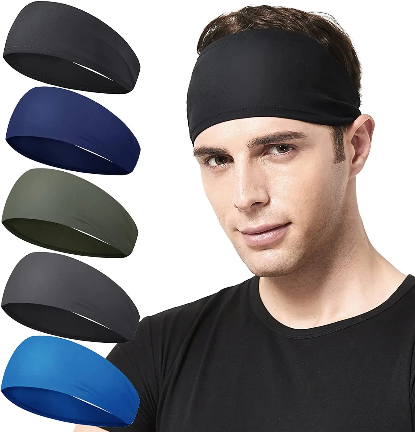 Low price solid color stretched polyester dry quickly fabric anti UV custom logo running head band men's sports headband