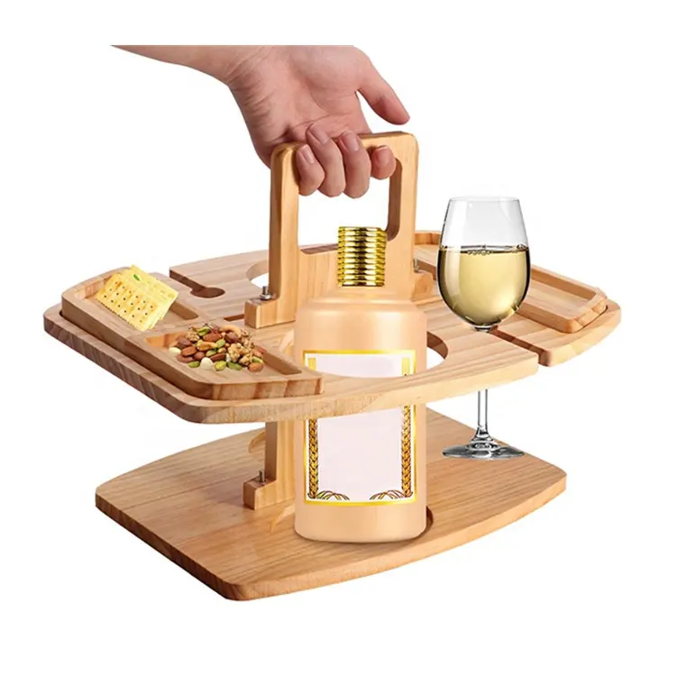 QUAWE-bandeja de vino todo en uno, picnic al aire libre, portátil, soporte independiente para vasos de vino, mesa de picnic con plato de fruta de madera