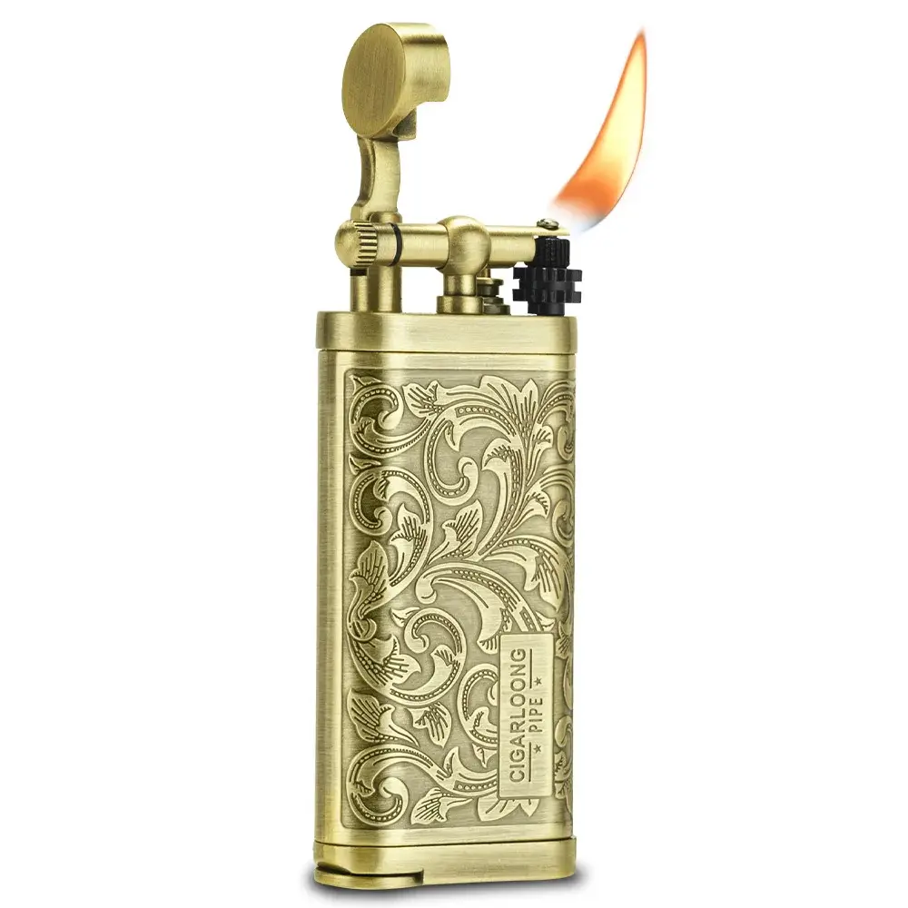 Encendedor de tubo de taladro de cigarro, prensa de bronce, plata antigua, patrones únicos, caja de regalo multifunción portátil, encendedor de cigarros