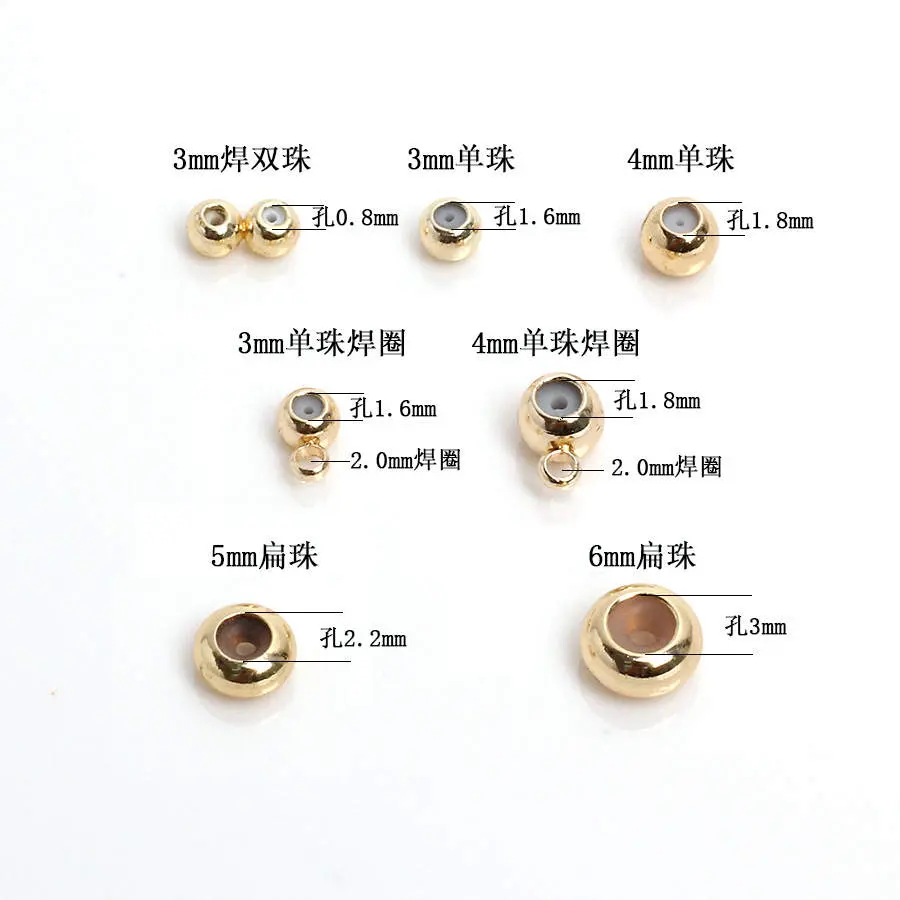 Manik-manik Speacer Bundar Emas 14K 3Mm dengan Manik-manik Perak Murni Silikon