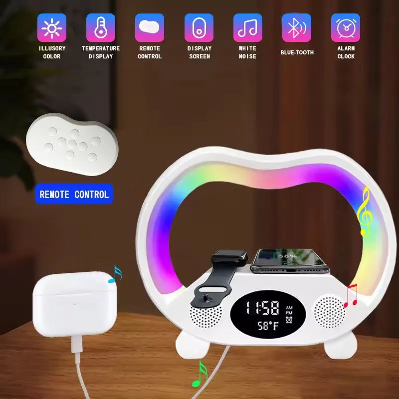 Multifunctional G speaker lamp 15W Fast LED Wake Up Night RGB Light Charger Alarm Clock Wireless Charger with Watch and Speaker