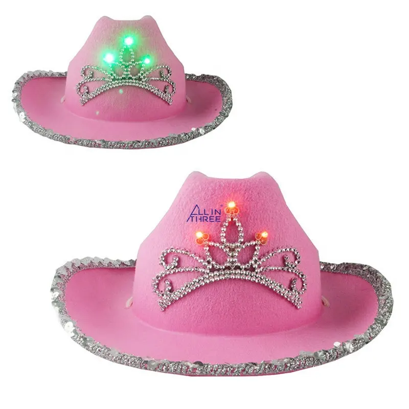Allinthree-Sombrero de plumas de vaquera rosa, Tiara iluminada para disfraz de Halloween, cumpleaños y despedida de soltera, venta al por mayor de fábrica