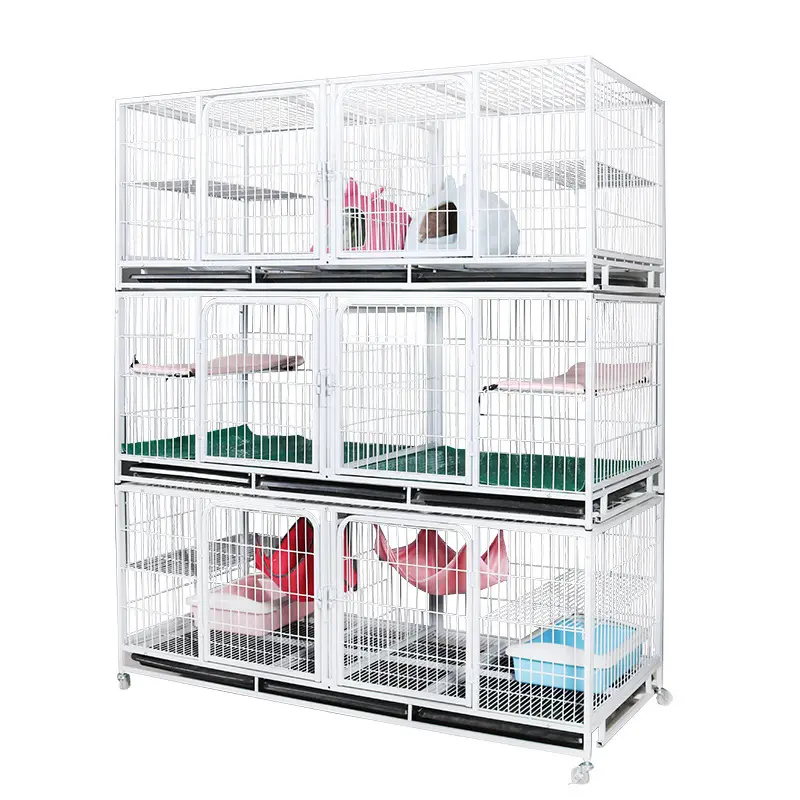 Cage à chat à 3 niveaux, accessoire en fil de fer blanc, haute qualité, pas cher, pour chat, avec roulettes, à 6 portes, en stock