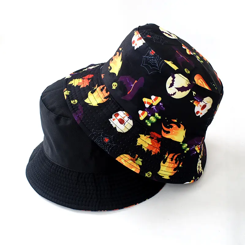 Neue reversible Halloween Kürbis Schädel gedruckt Fisherman Cap Kostüm Hip Hop Outdoor Sonnenschutz Full Print Bucket Hat